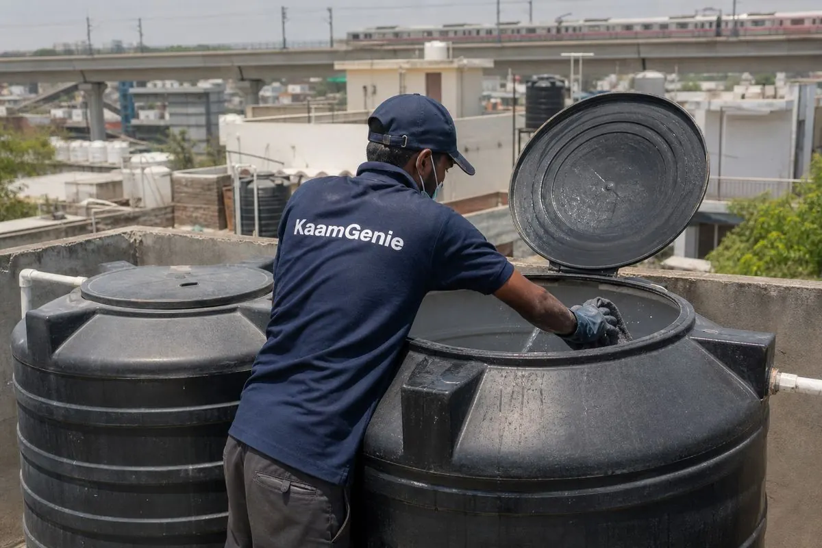 KaamGenie crew cleaning a Sintex / plastic tank in Dabri, Delhi