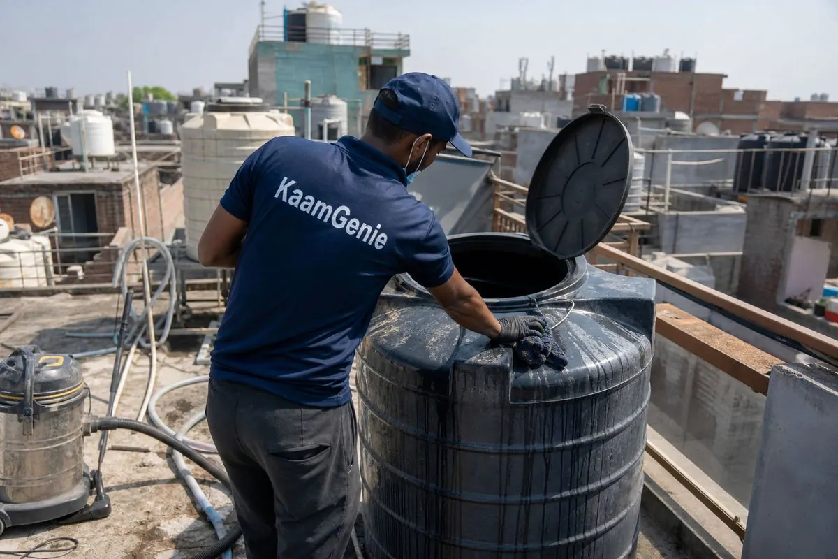 KaamGenie crew cleaning a Sintex / plastic tank in Dashrath Puri, Delhi