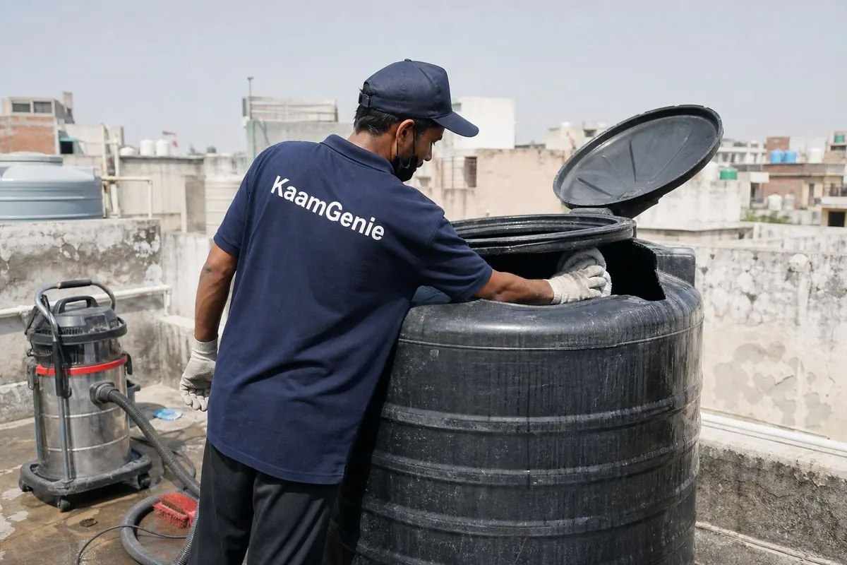 KaamGenie crew cleaning a Sintex / plastic tank in Dayalpur, Delhi
