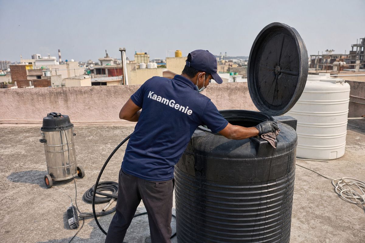 KaamGenie crew cleaning a Sintex / plastic tank in Delhi Cantt, Delhi