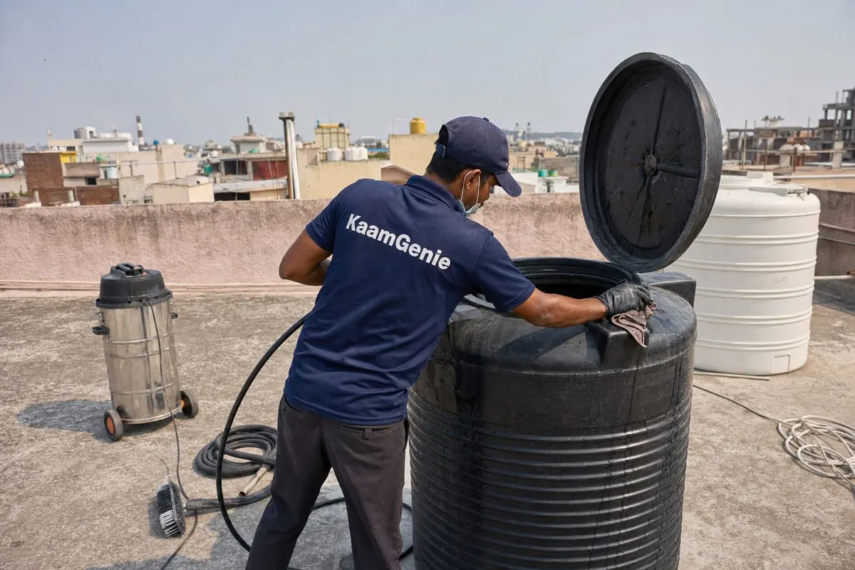 KaamGenie crew cleaning a Sintex / plastic tank in Delhi Cantt, Delhi