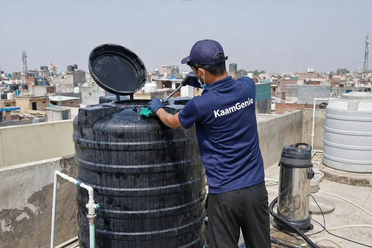 KaamGenie crew cleaning a Sintex / plastic tank in Deoli, Delhi