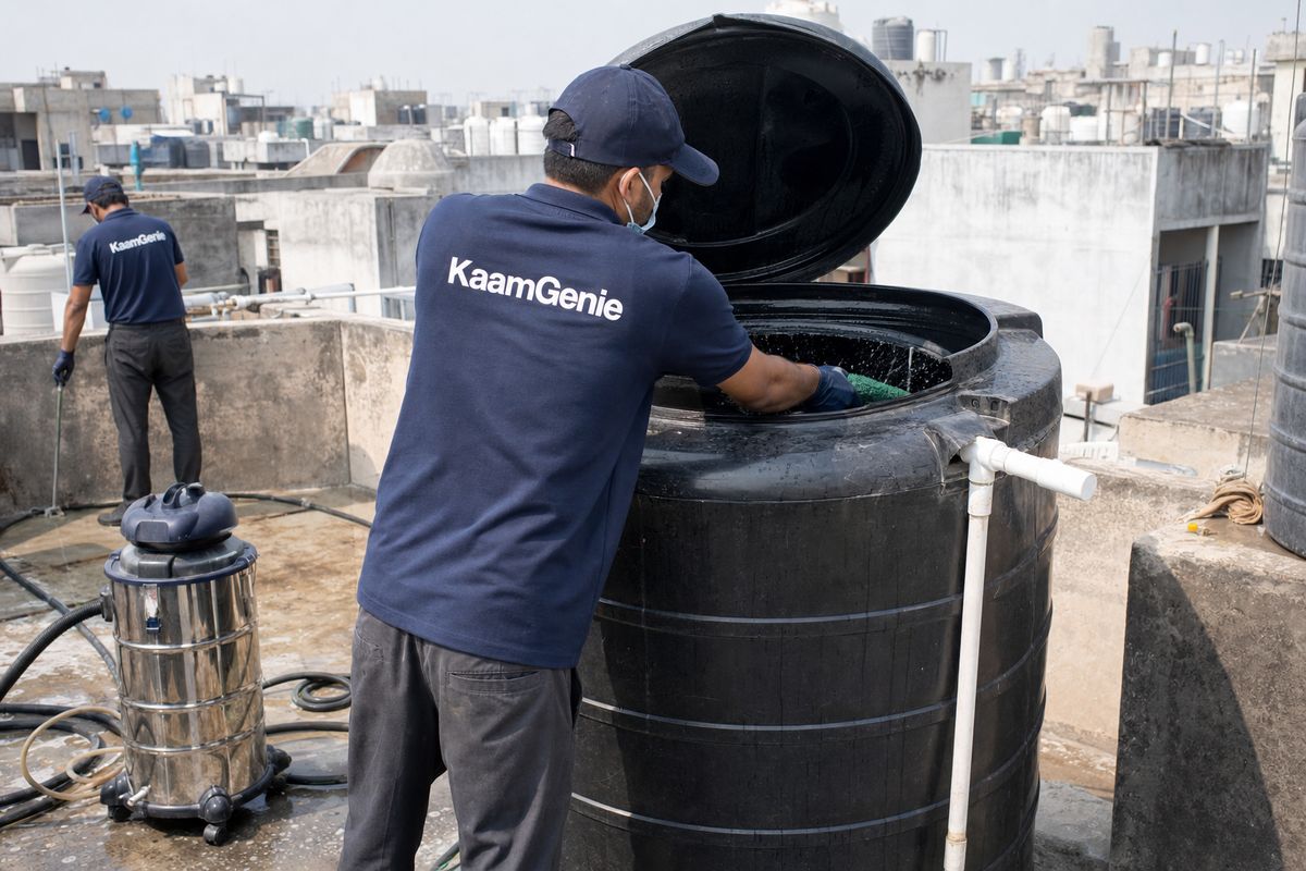 KaamGenie crew cleaning a Sintex / plastic tank in Dwarka Sector 1, Delhi