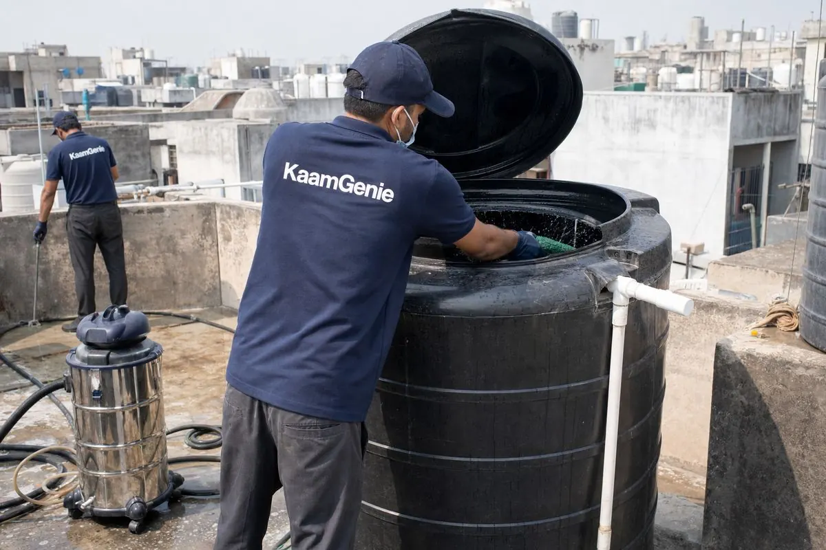 KaamGenie crew cleaning a Sintex / plastic tank in Dwarka Sector 1, Delhi