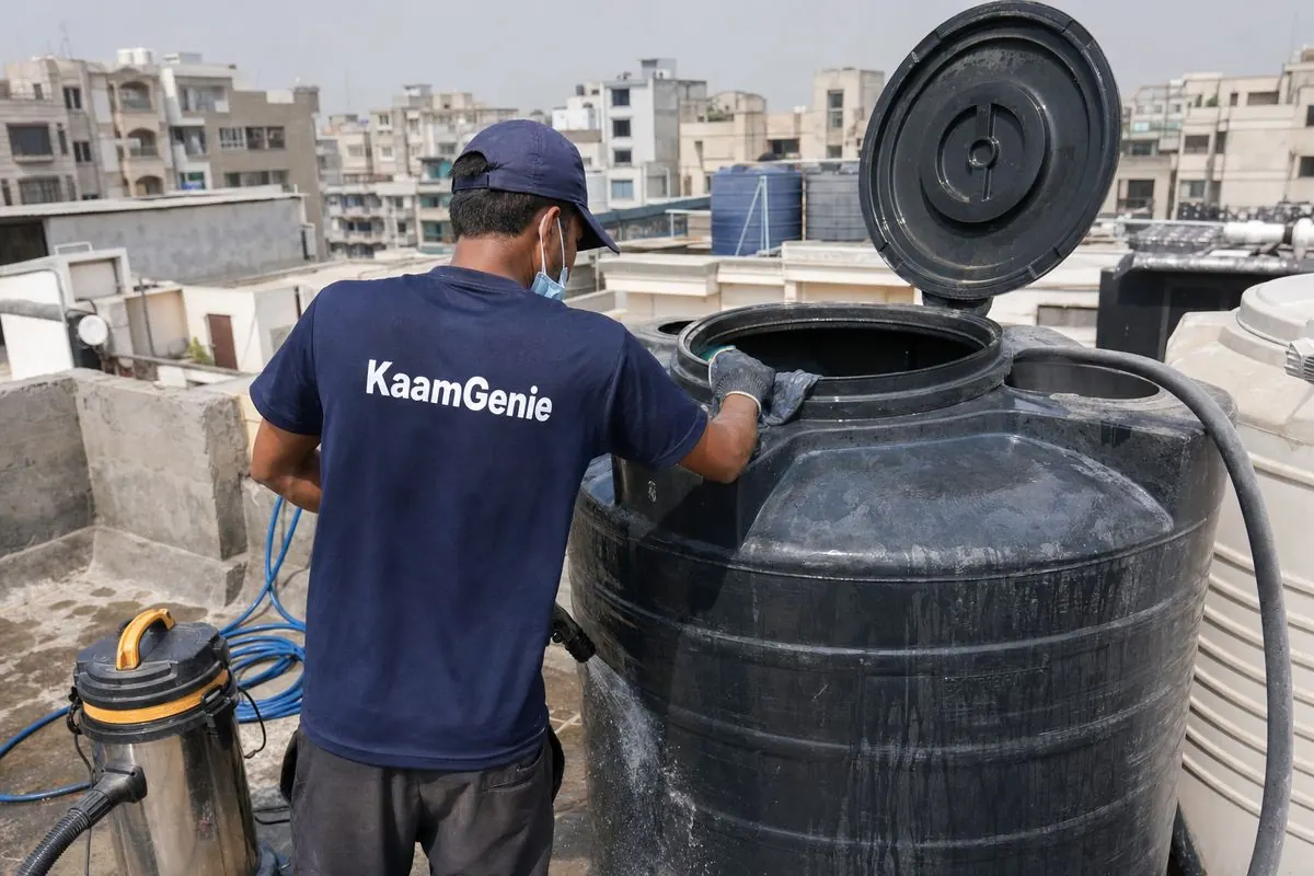 KaamGenie crew cleaning a Sintex / plastic tank in Dwarka Sector 11, Delhi