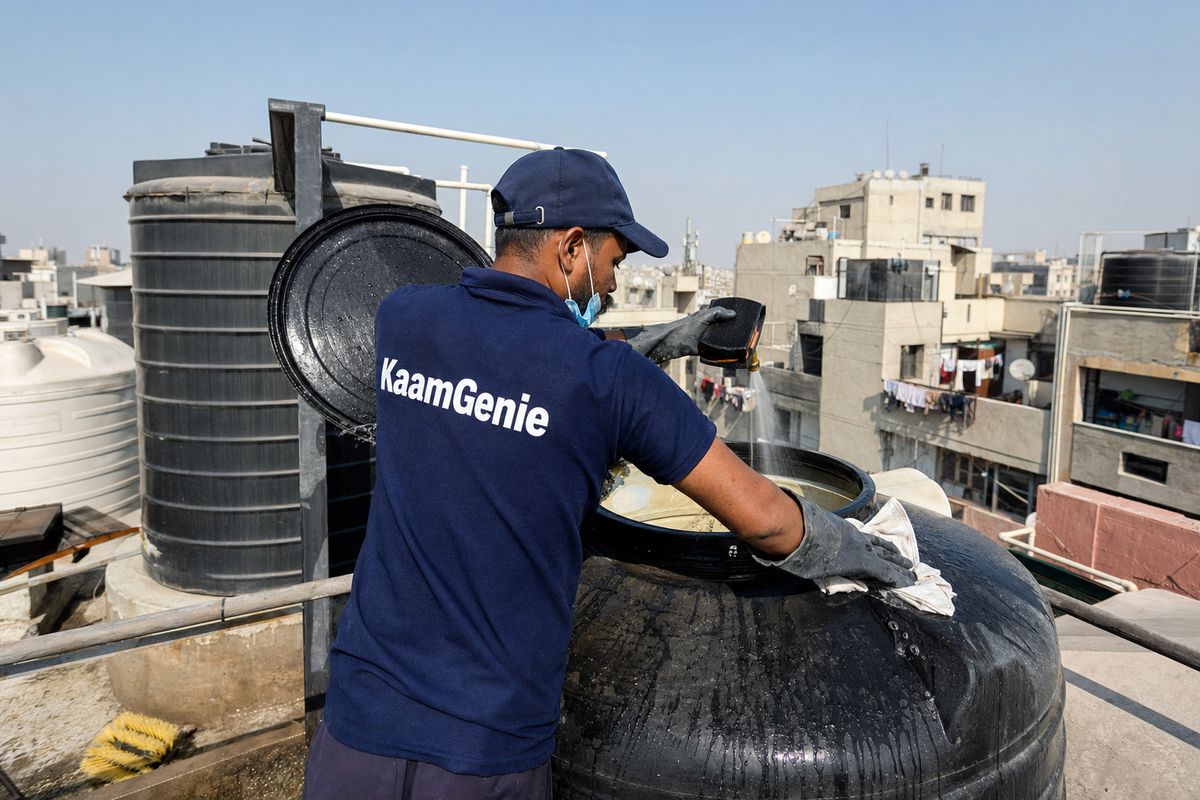 KaamGenie crew cleaning a Sintex / plastic tank in Dwarka Sector 15, Delhi