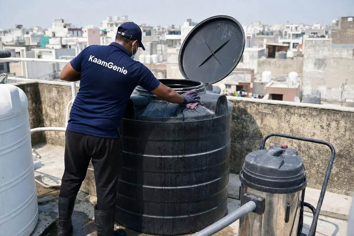 KaamGenie crew cleaning a Sintex / plastic tank in Dwarka Sector 16, Delhi