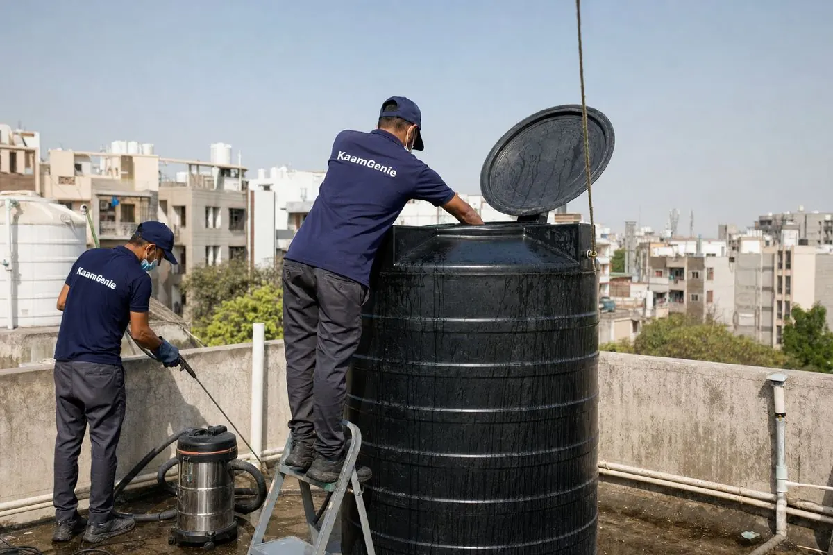 KaamGenie crew cleaning a Sintex / plastic tank in Dwarka Sector 2, Delhi
