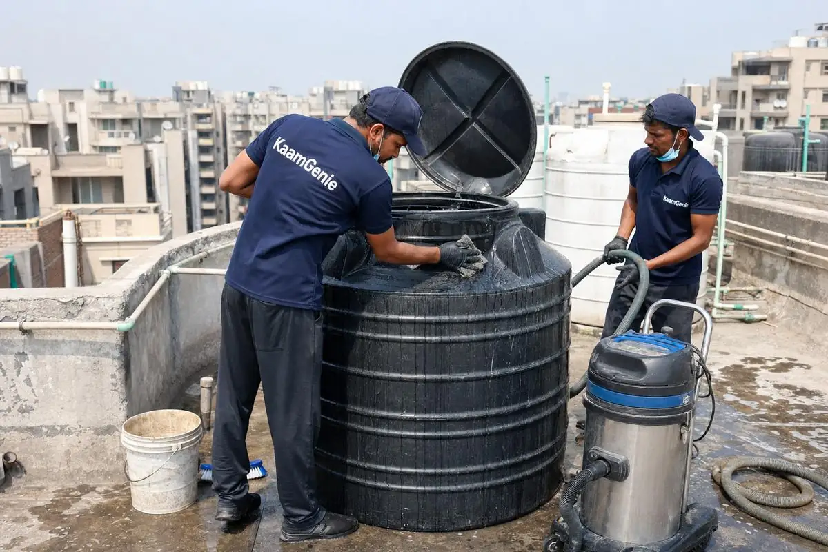 KaamGenie crew cleaning a Sintex / plastic tank in Dwarka Sector 21, Delhi