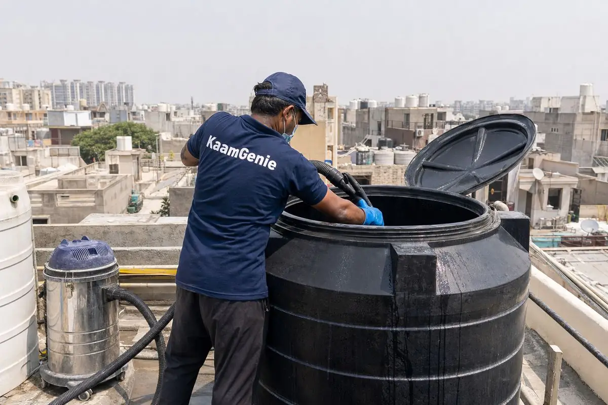 KaamGenie crew cleaning a Sintex / plastic tank in Dwarka Sector 26, Delhi