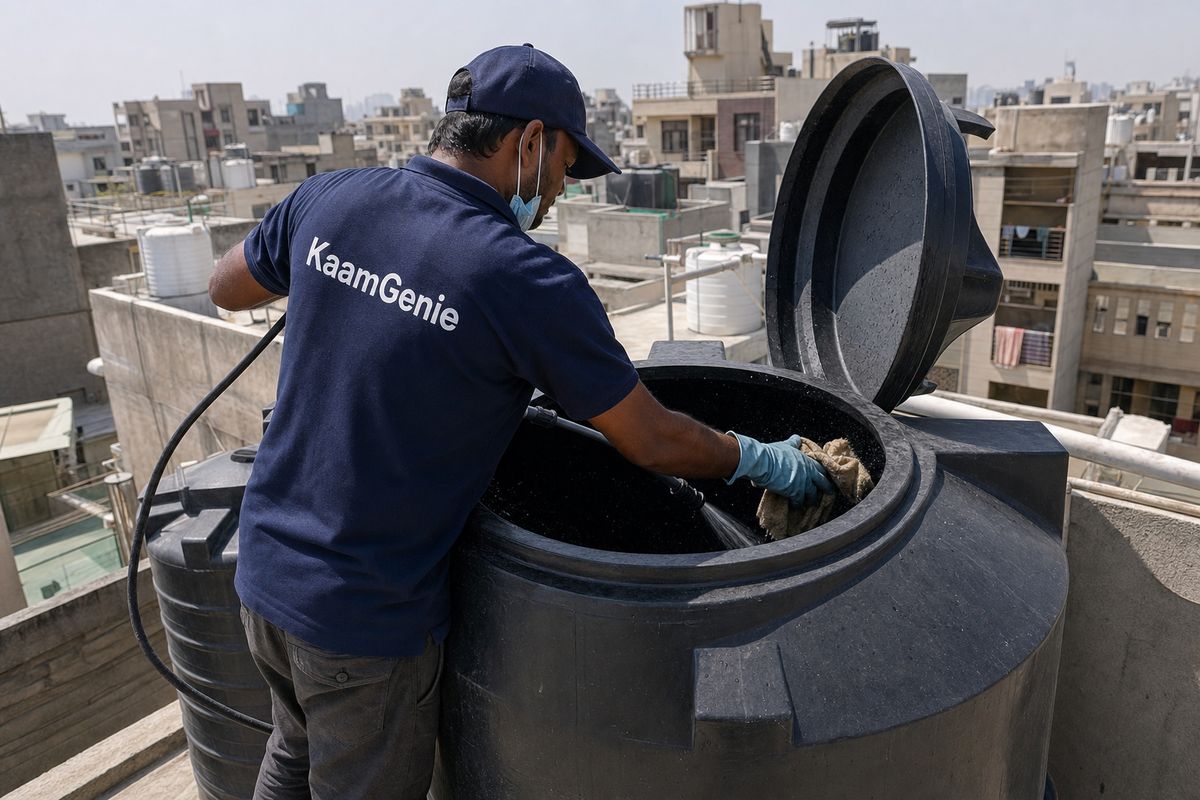 KaamGenie crew cleaning a Sintex / plastic tank in Dwarka Sector 27, Delhi