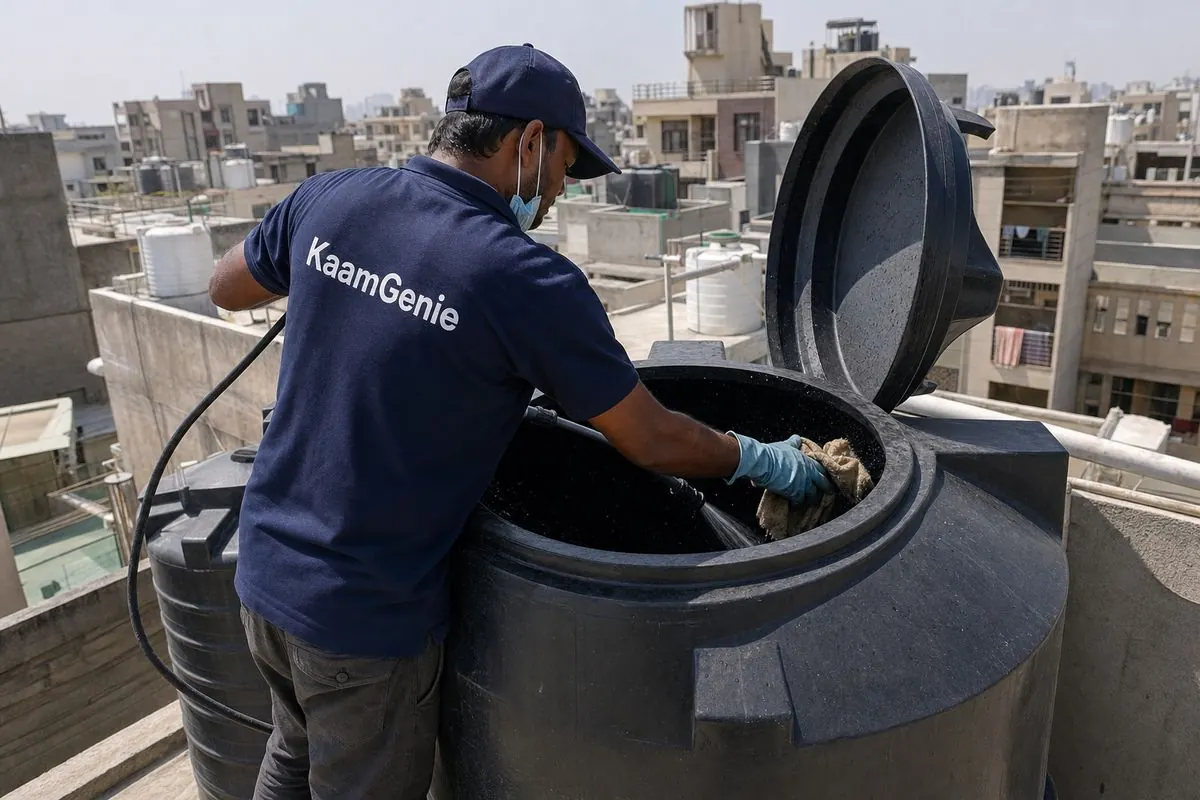 KaamGenie crew cleaning a Sintex / plastic tank in Dwarka Sector 27, Delhi