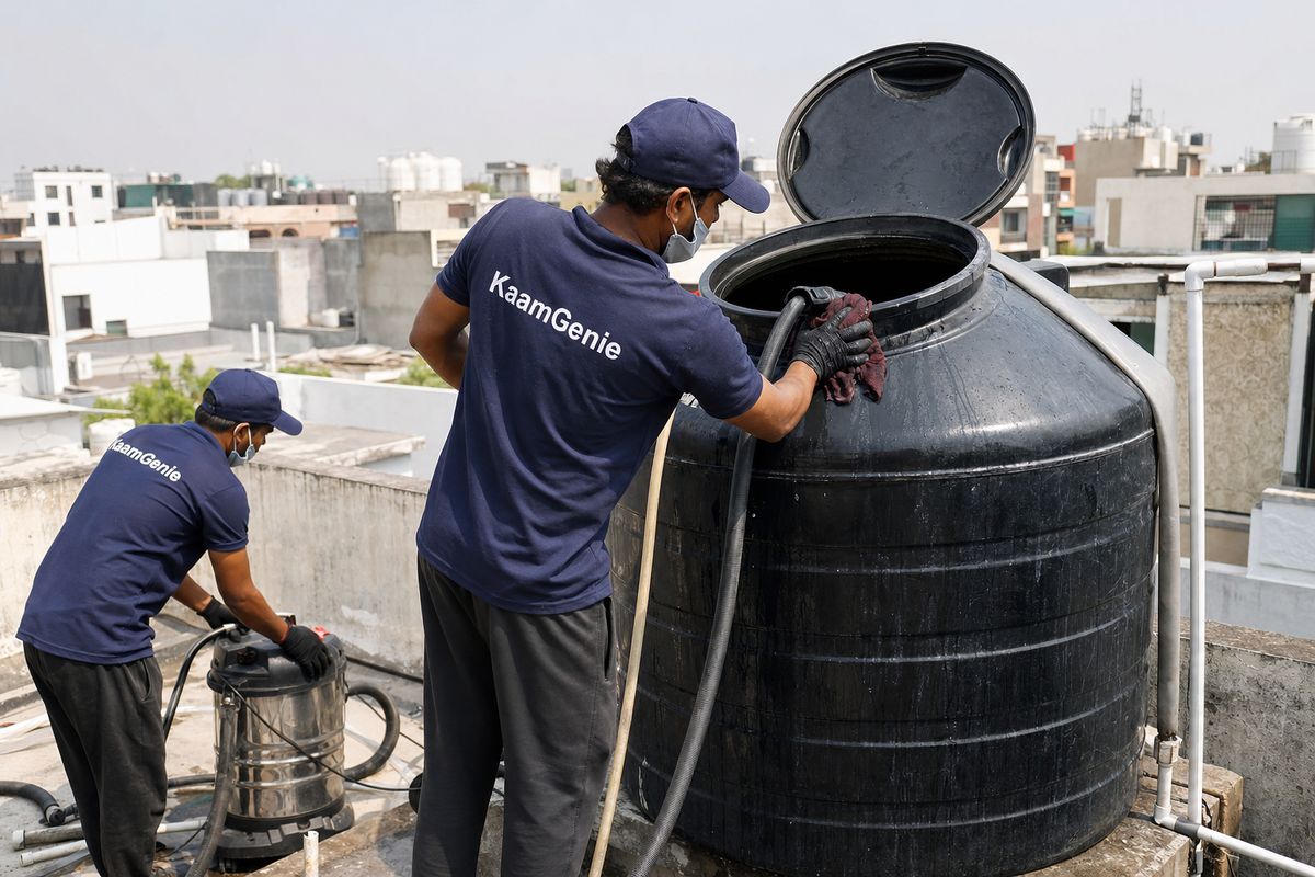 KaamGenie crew cleaning a Sintex / plastic tank in Dwarka Sector 28, Delhi
