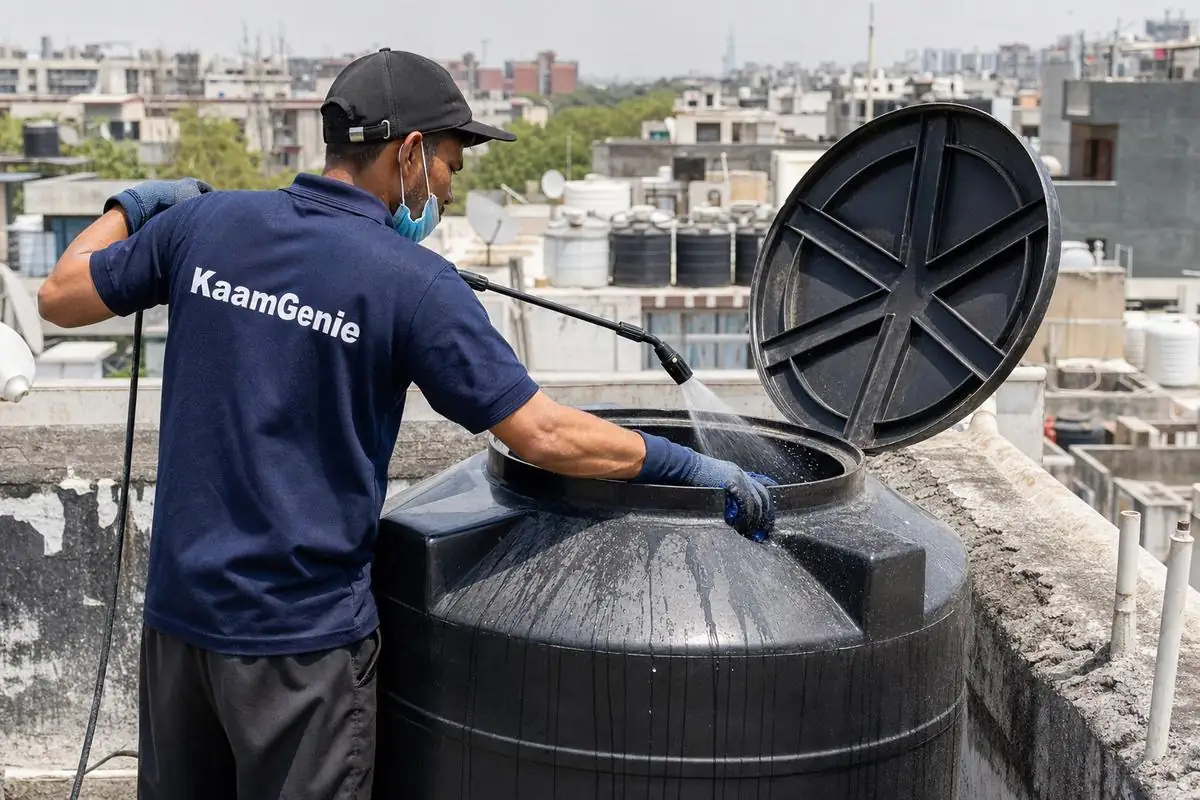 KaamGenie crew cleaning a Sintex / plastic tank in Dwarka Sector 3, Delhi