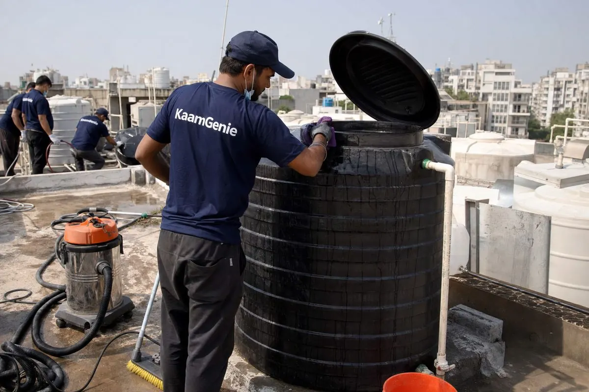 KaamGenie crew cleaning a Sintex / plastic tank in Dwarka Sector 7, Delhi