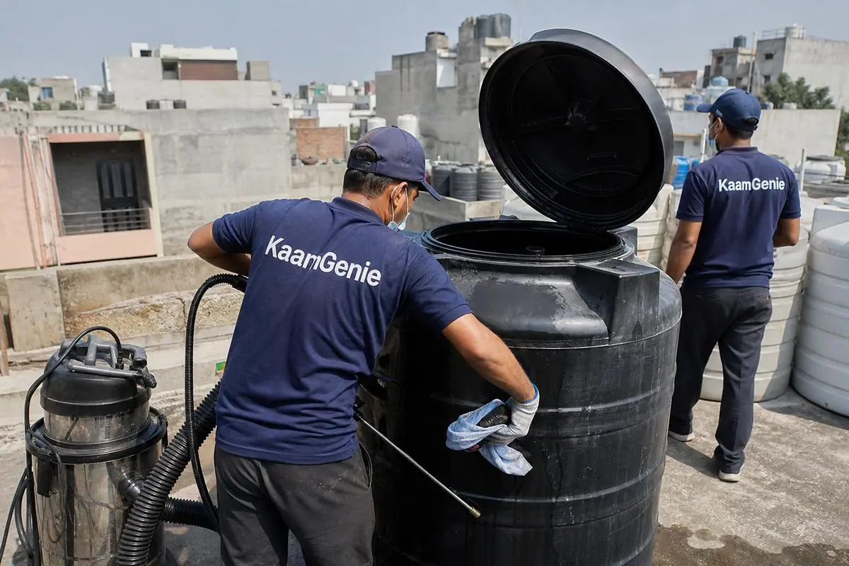 KaamGenie crew cleaning a Sintex / plastic tank in Fateh Nagar, Delhi