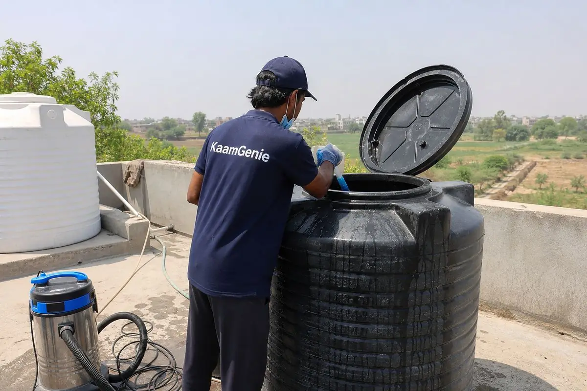 KaamGenie crew cleaning a Sintex / plastic tank in Fatehpur Beri, Delhi