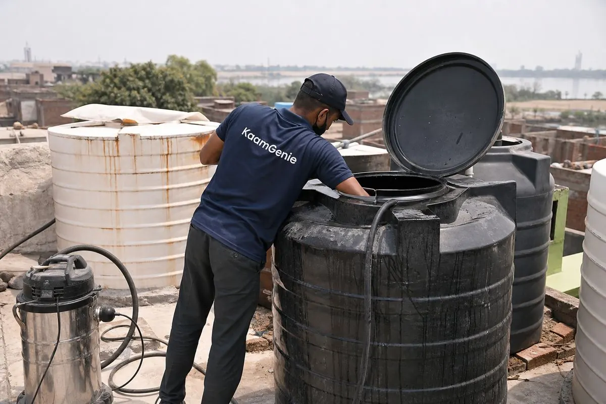 KaamGenie crew cleaning a Sintex / plastic tank in Garhi Mandu, Delhi