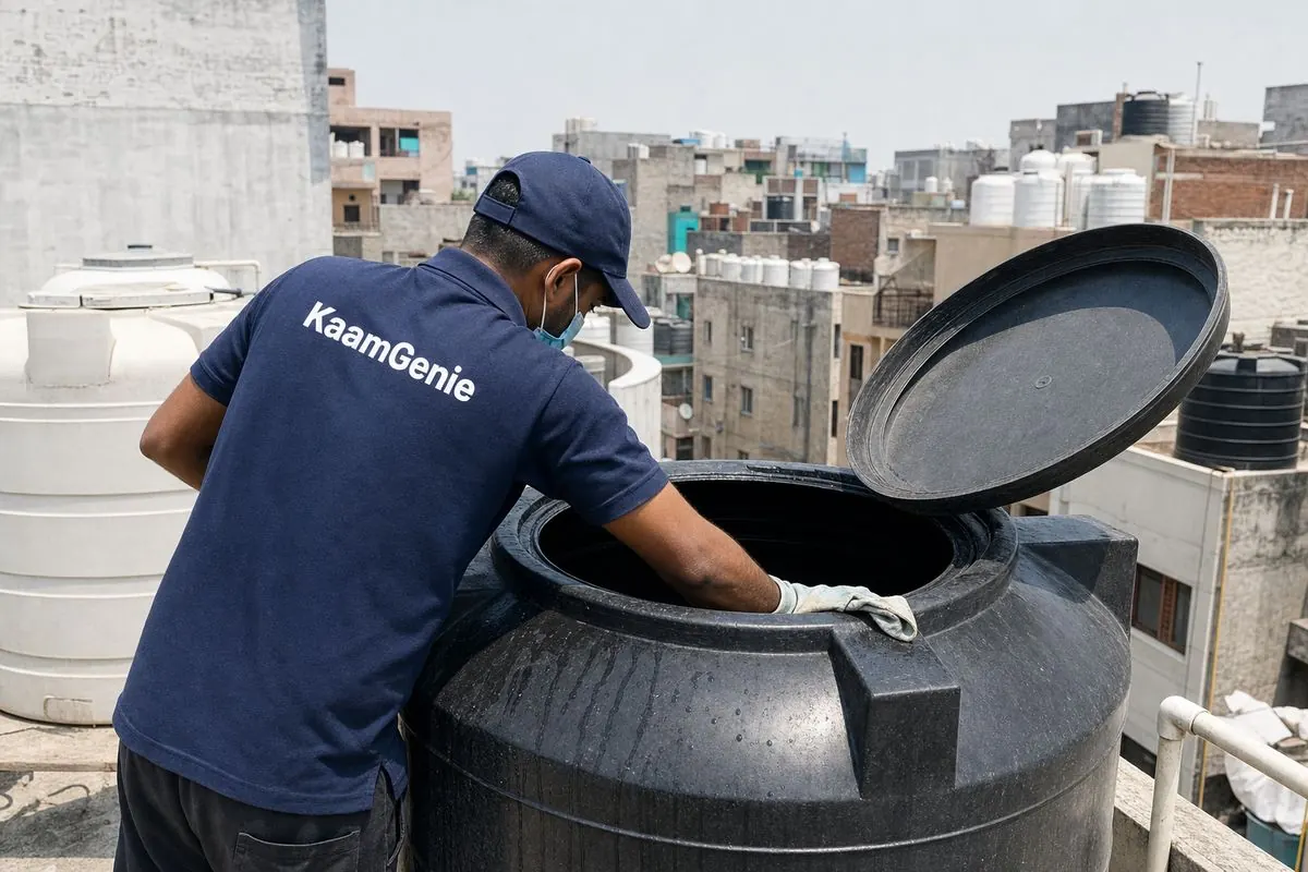 KaamGenie crew cleaning a Sintex / plastic tank in Gautam Nagar, Delhi