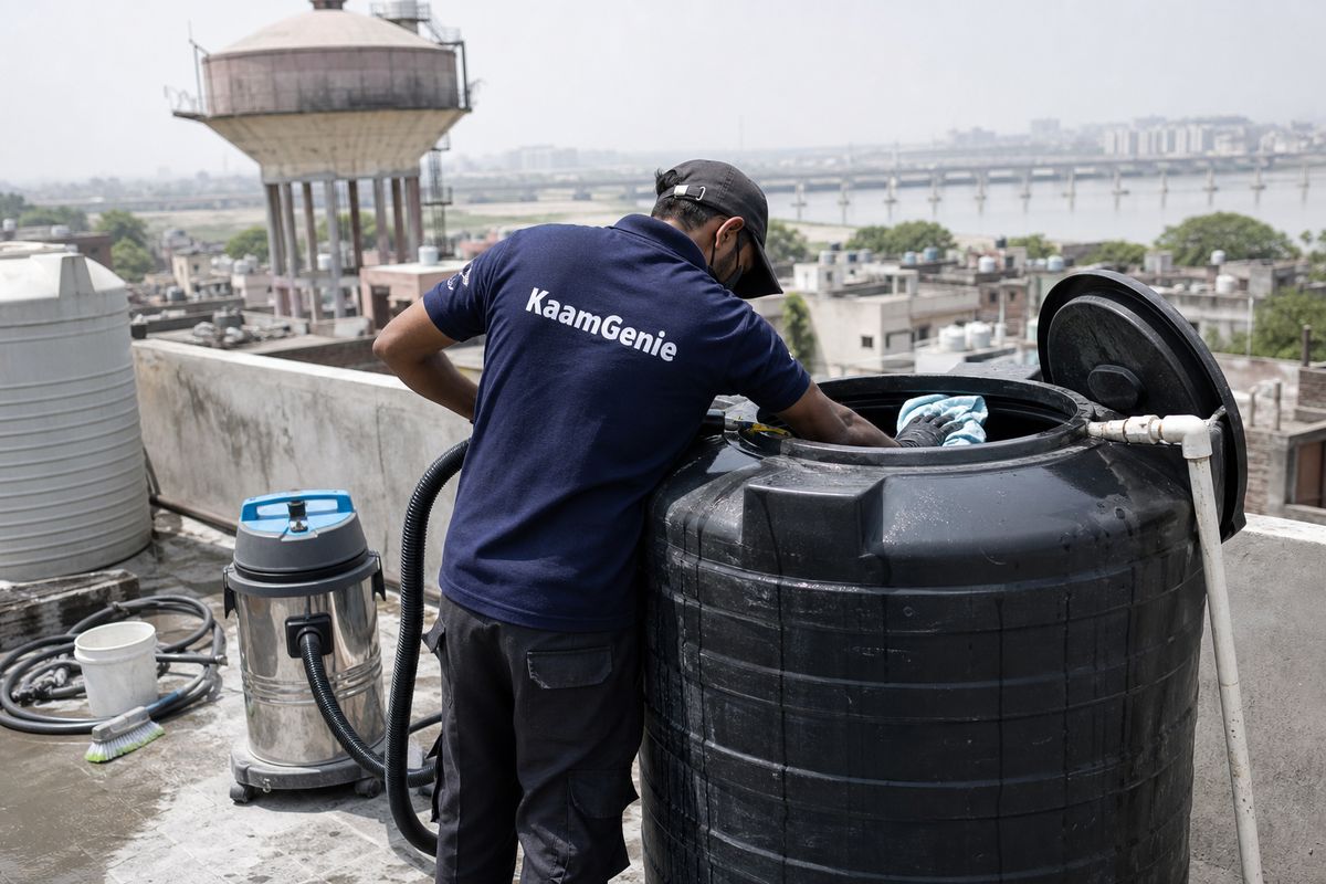KaamGenie crew cleaning a Sintex / plastic tank in Geeta Colony, Delhi