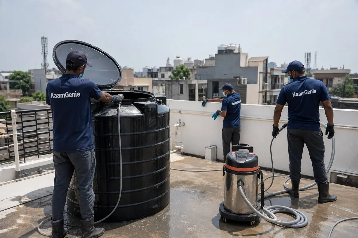 KaamGenie crew cleaning a Sintex / plastic tank in Geetanjali Enclave, Delhi