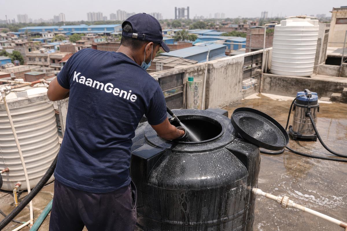 KaamGenie crew cleaning a Sintex / plastic tank in Ghazipur, Delhi