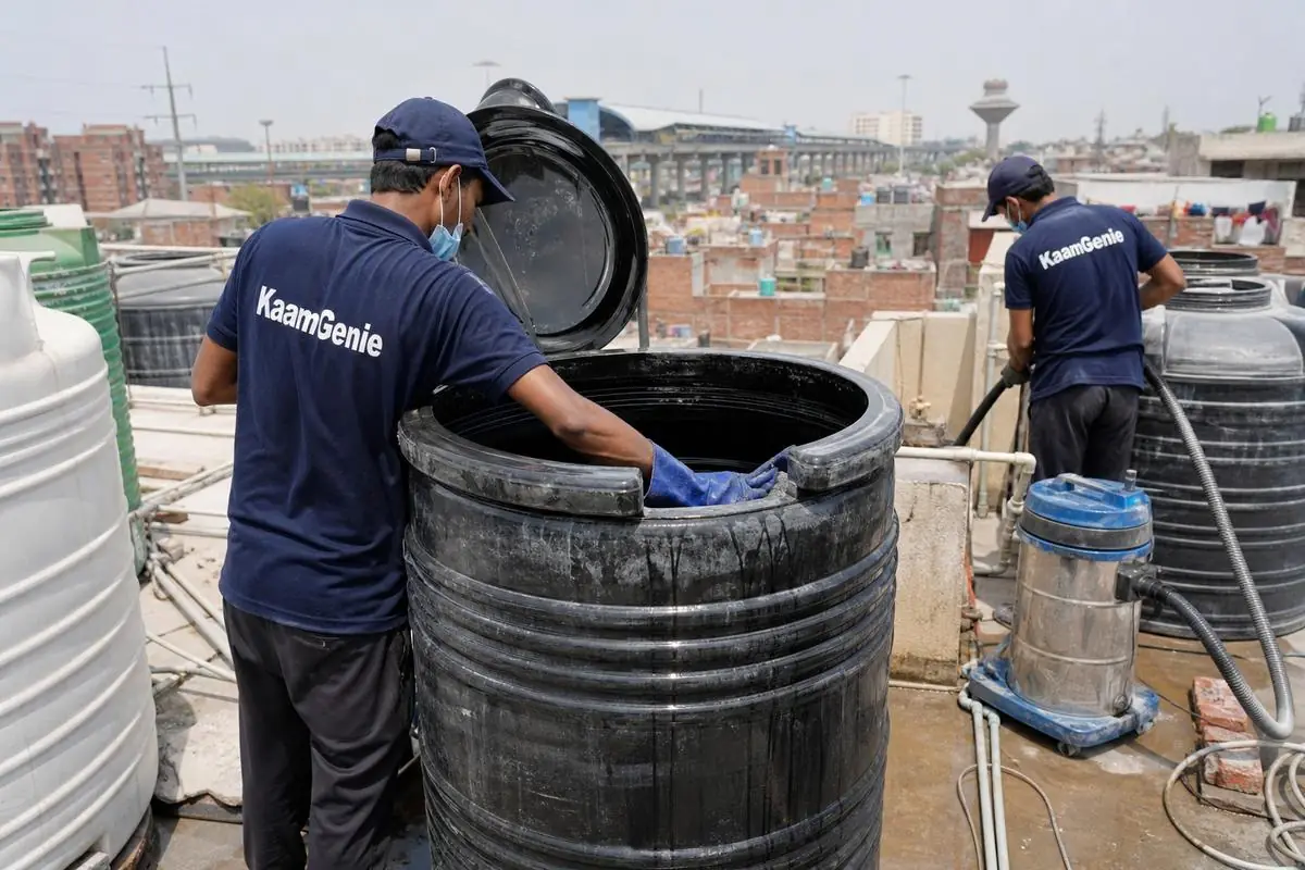 KaamGenie crew cleaning a Sintex / plastic tank in Gokalpuri, Delhi