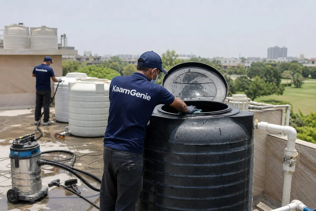 KaamGenie crew cleaning a Sintex / plastic tank in Golf Links, Delhi