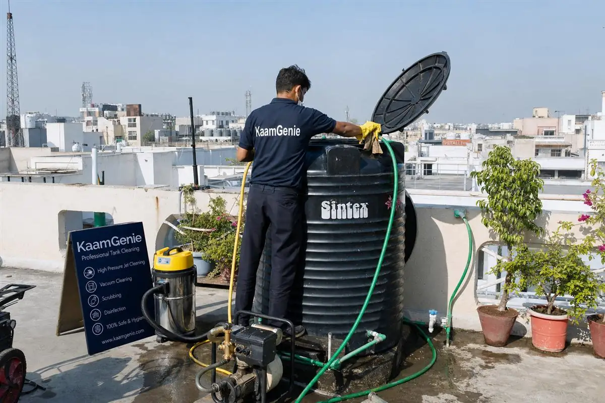 KaamGenie crew cleaning a Sintex / plastic tank in Green Park, Delhi