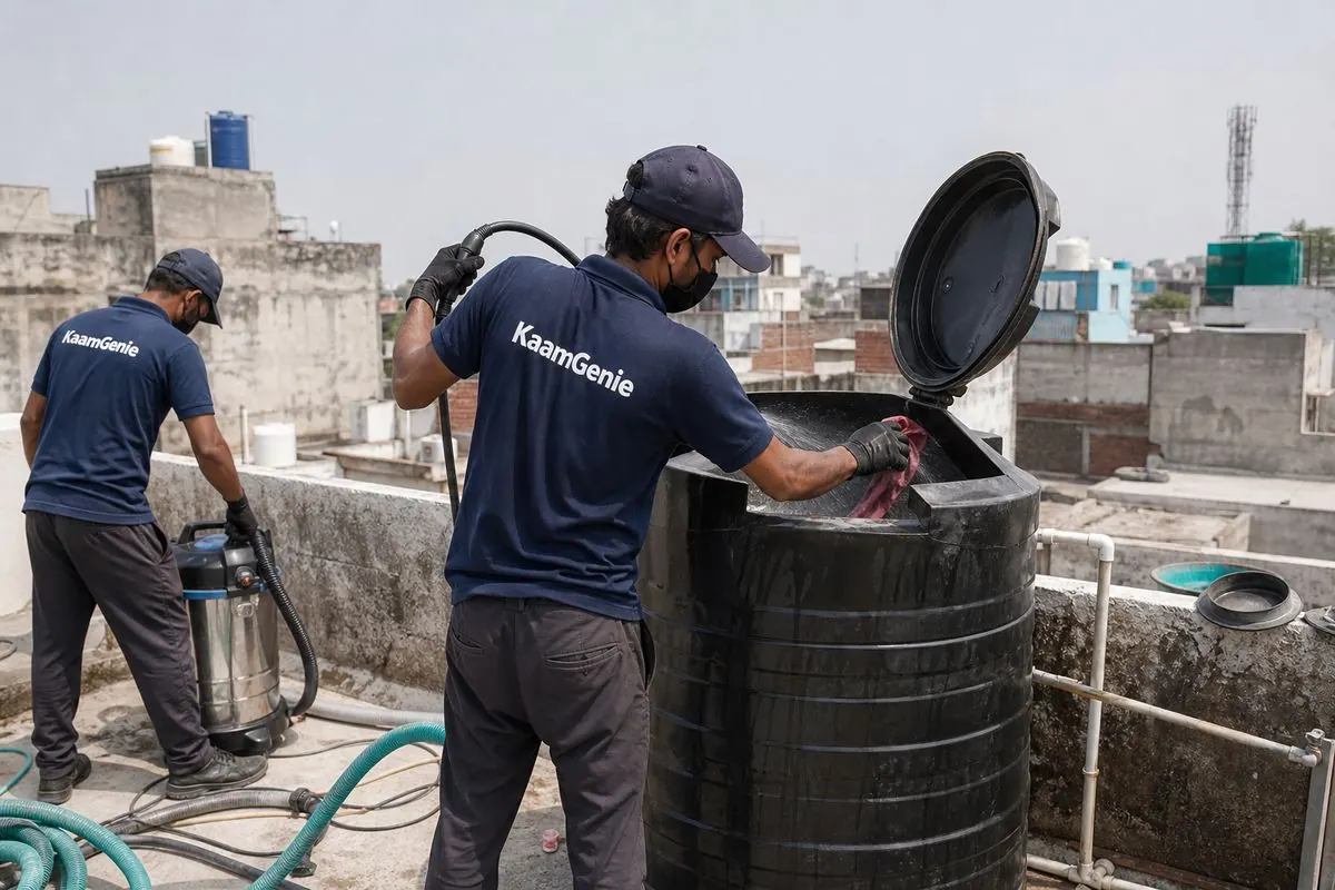KaamGenie crew cleaning a Sintex / plastic tank in Gujranwala Colony (Kingsway Camp), Delhi