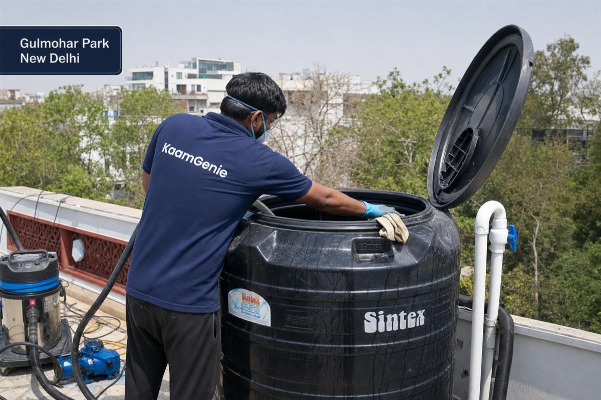 KaamGenie crew cleaning a Sintex / plastic tank in Gulmohar Park, Delhi