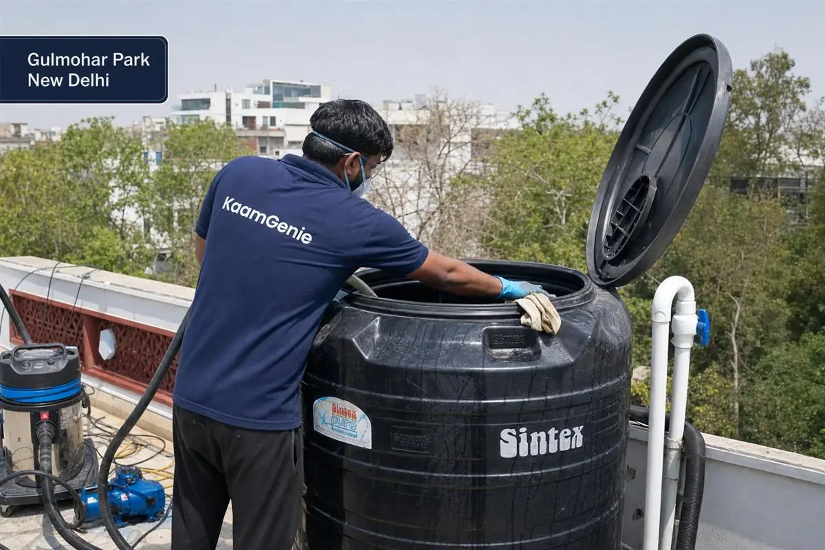 KaamGenie crew cleaning a Sintex / plastic tank in Gulmohar Park, Delhi