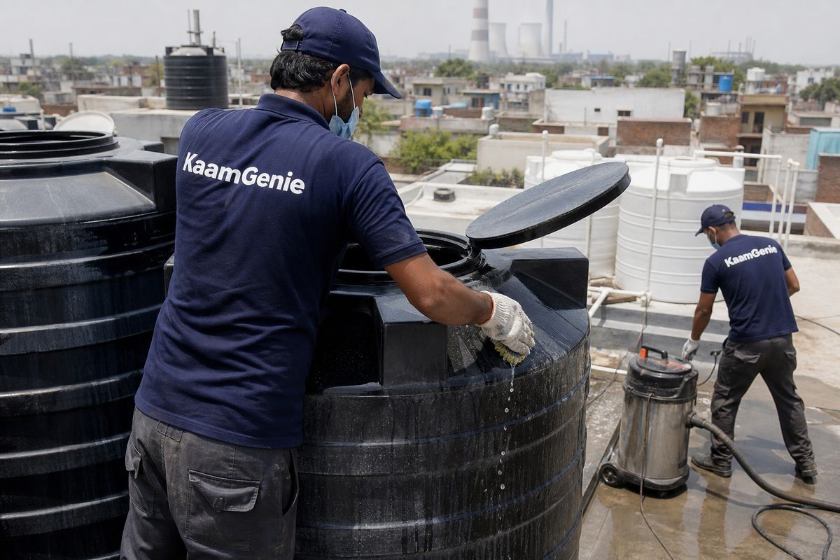 KaamGenie crew cleaning a Sintex / plastic tank in Haiderpur, Delhi