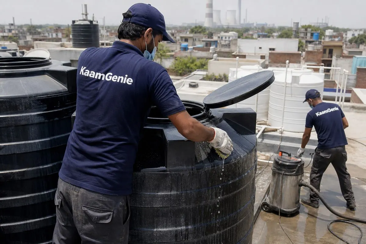 KaamGenie crew cleaning a Sintex / plastic tank in Haiderpur, Delhi