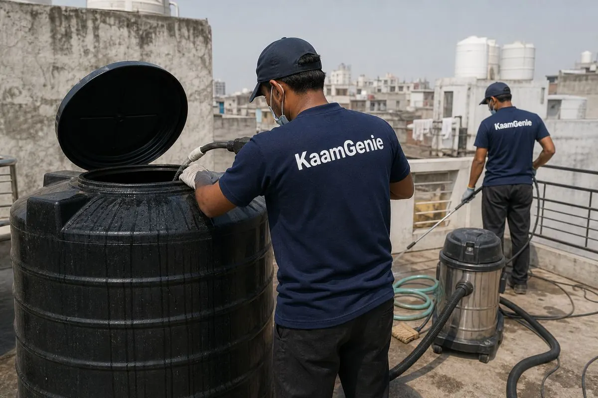 KaamGenie crew cleaning a Sintex / plastic tank in Hari Nagar Ashram, Delhi