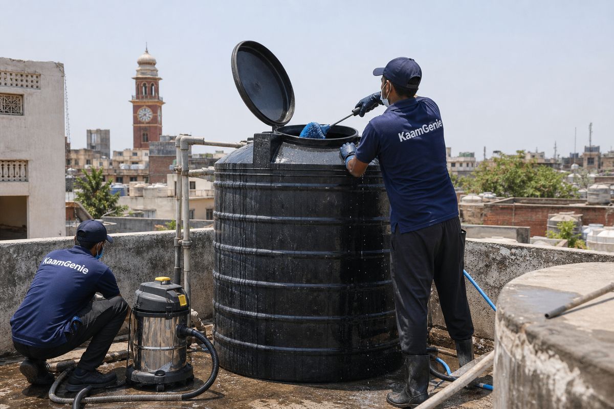 KaamGenie crew cleaning a Sintex / plastic tank in Hari Nagar, Delhi