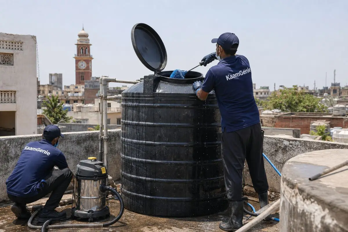 KaamGenie crew cleaning a Sintex / plastic tank in Hari Nagar, Delhi