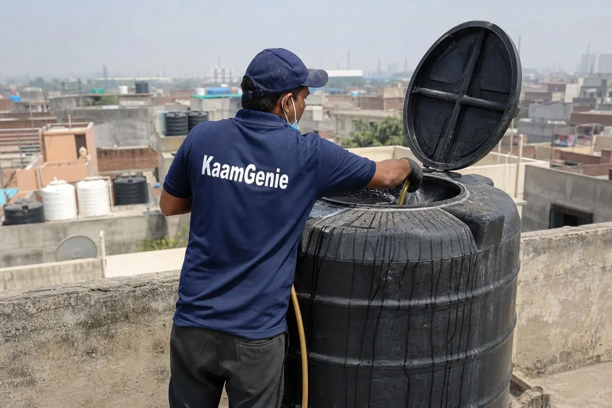 KaamGenie crew cleaning a Sintex / plastic tank in Harsh Vihar, Delhi