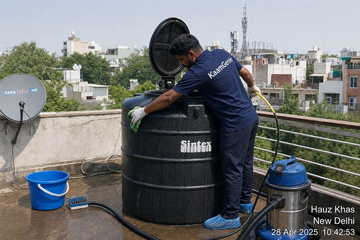 KaamGenie crew cleaning a Sintex / plastic tank in Hauz Khas, Delhi