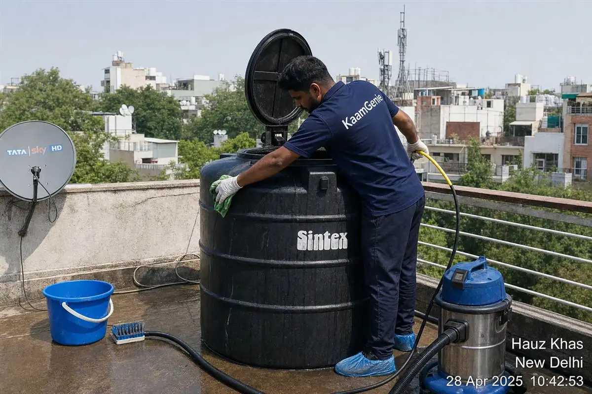 KaamGenie crew cleaning a Sintex / plastic tank in Hauz Khas, Delhi