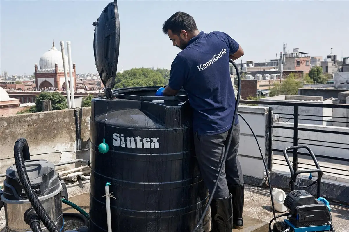 KaamGenie crew cleaning a Sintex / plastic tank in Hazrat Nizamuddin, Delhi