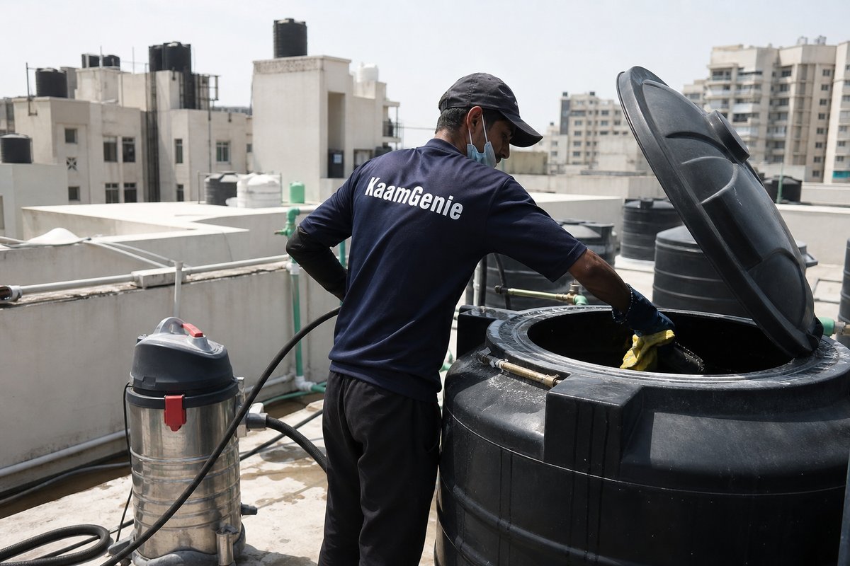 KaamGenie crew cleaning a Sintex / plastic tank in HUDCO Place, Delhi
