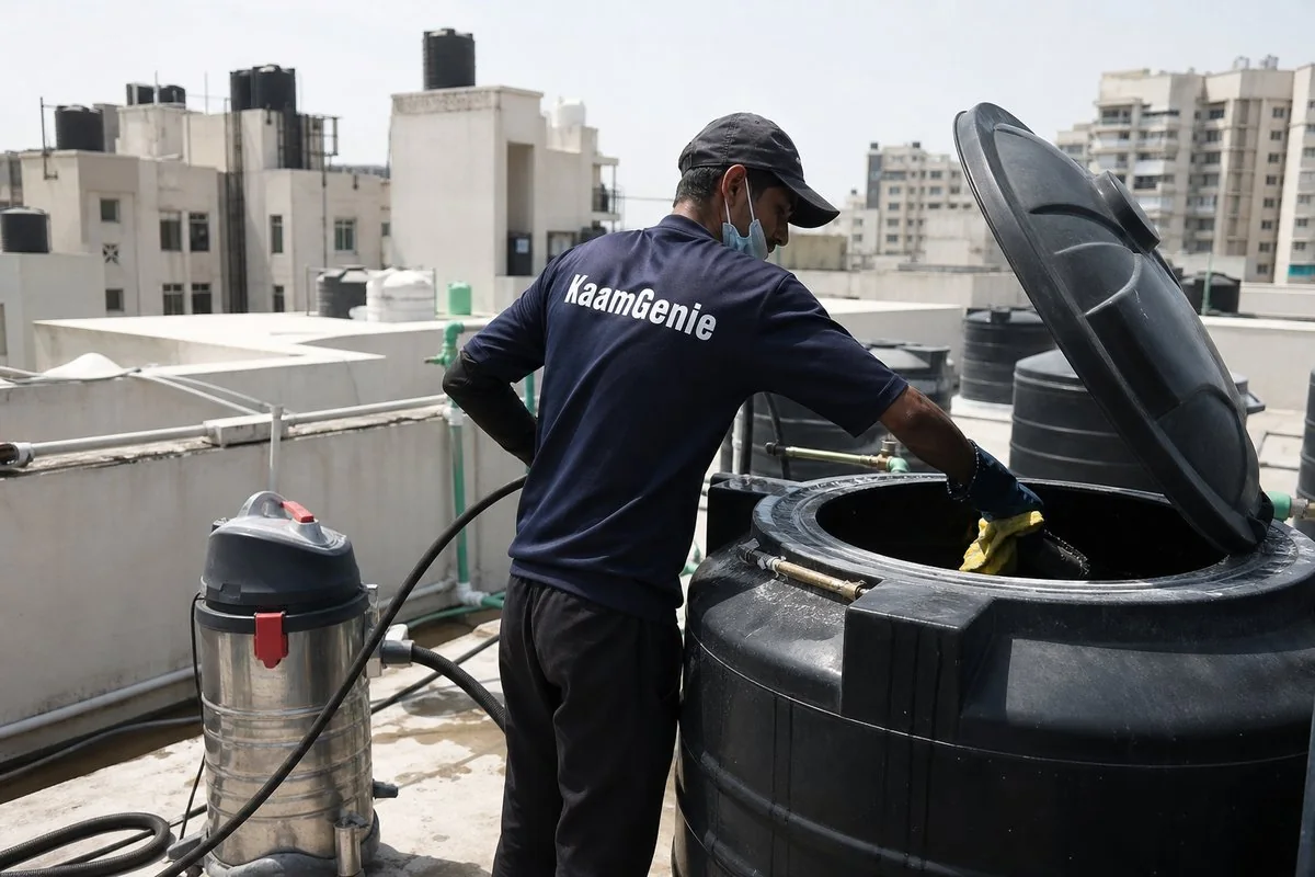 KaamGenie crew cleaning a Sintex / plastic tank in HUDCO Place, Delhi