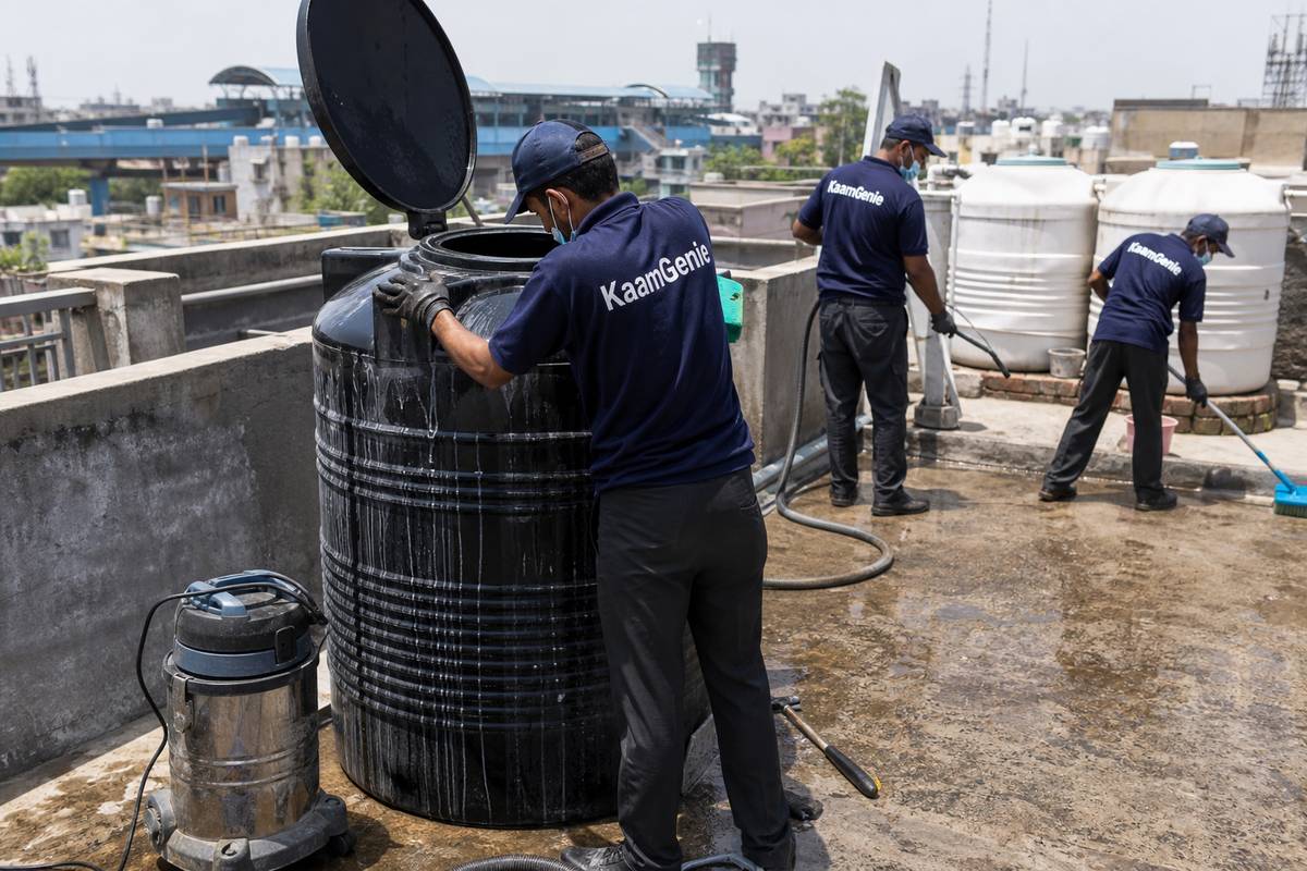 KaamGenie crew cleaning a Sintex / plastic tank in Inderlok, Delhi