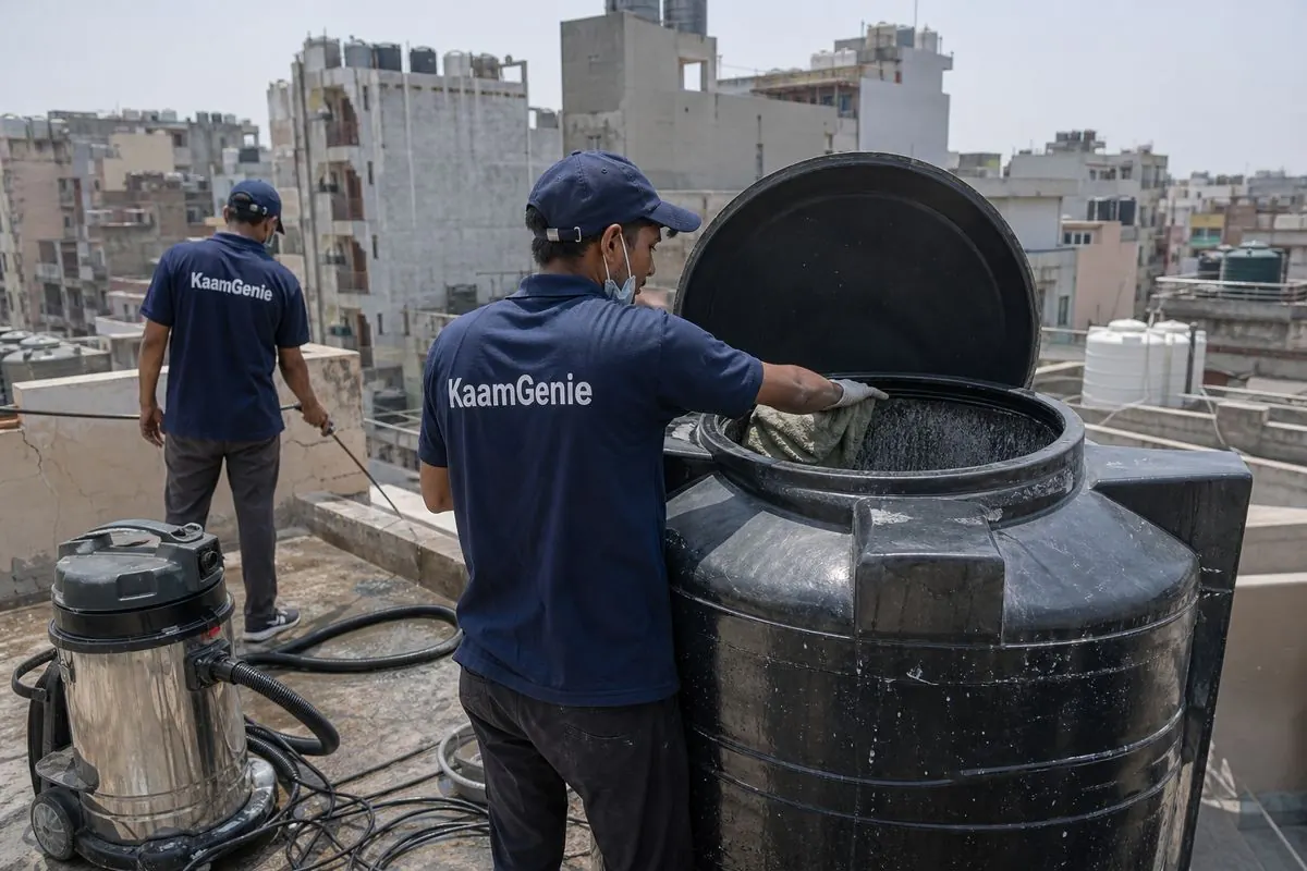KaamGenie crew cleaning a Sintex / plastic tank in Indira Vihar (Mukherjee Nagar side), Delhi