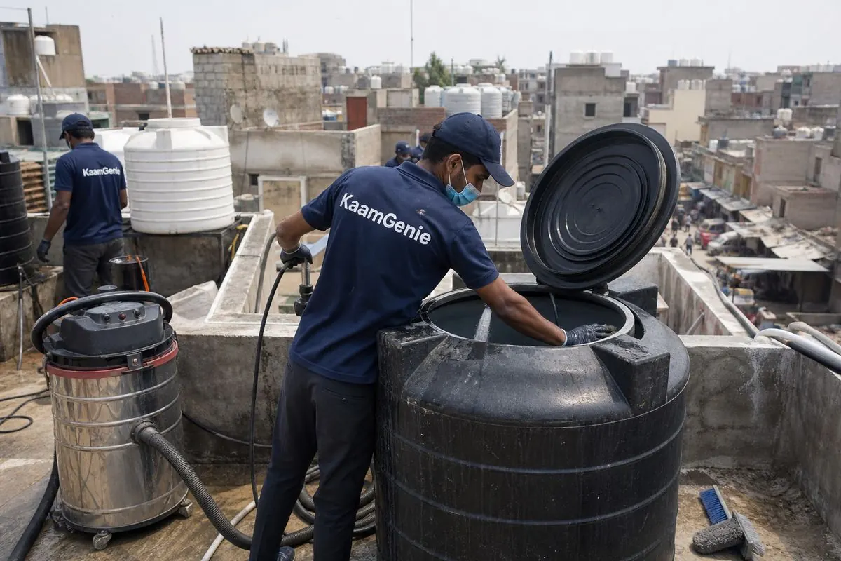 KaamGenie crew cleaning a Sintex / plastic tank in Jahangir Puri, Delhi