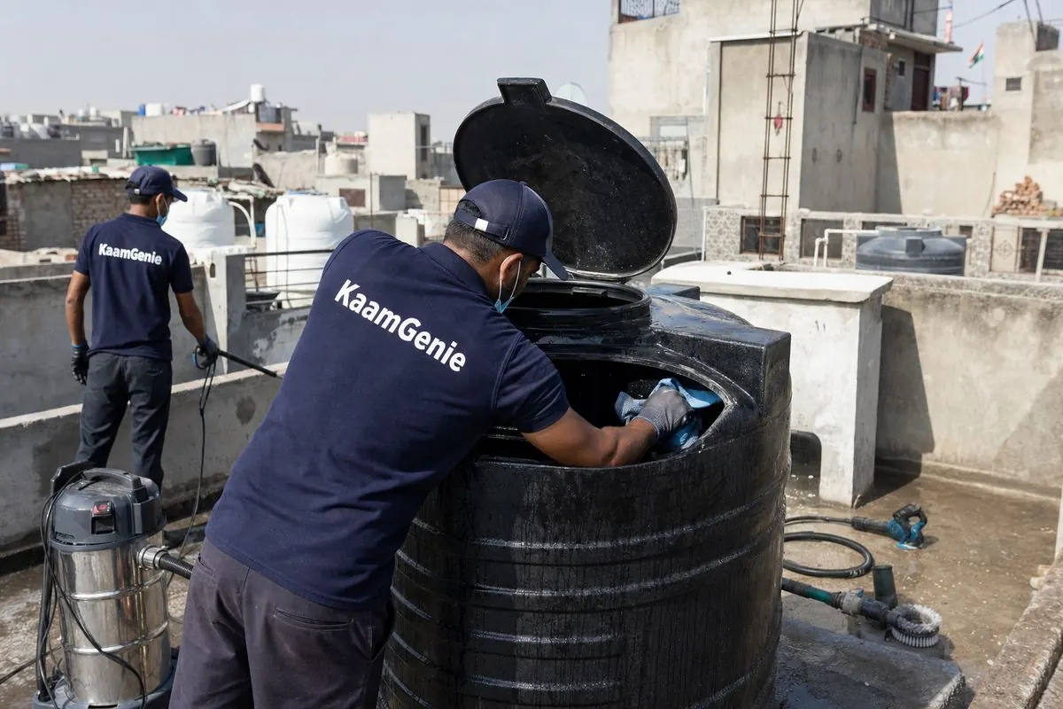KaamGenie crew cleaning a Sintex / plastic tank in Jaitpur, Delhi
