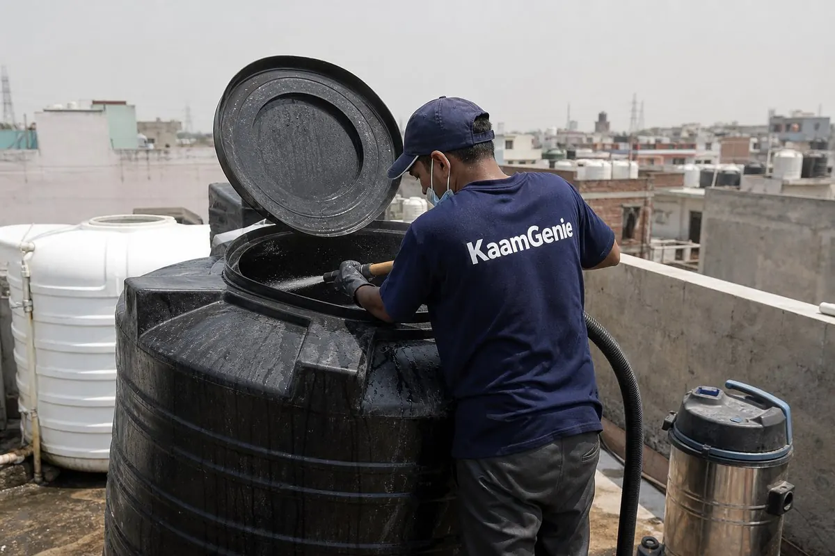 KaamGenie crew cleaning a Sintex / plastic tank in Jal Vihar, Delhi