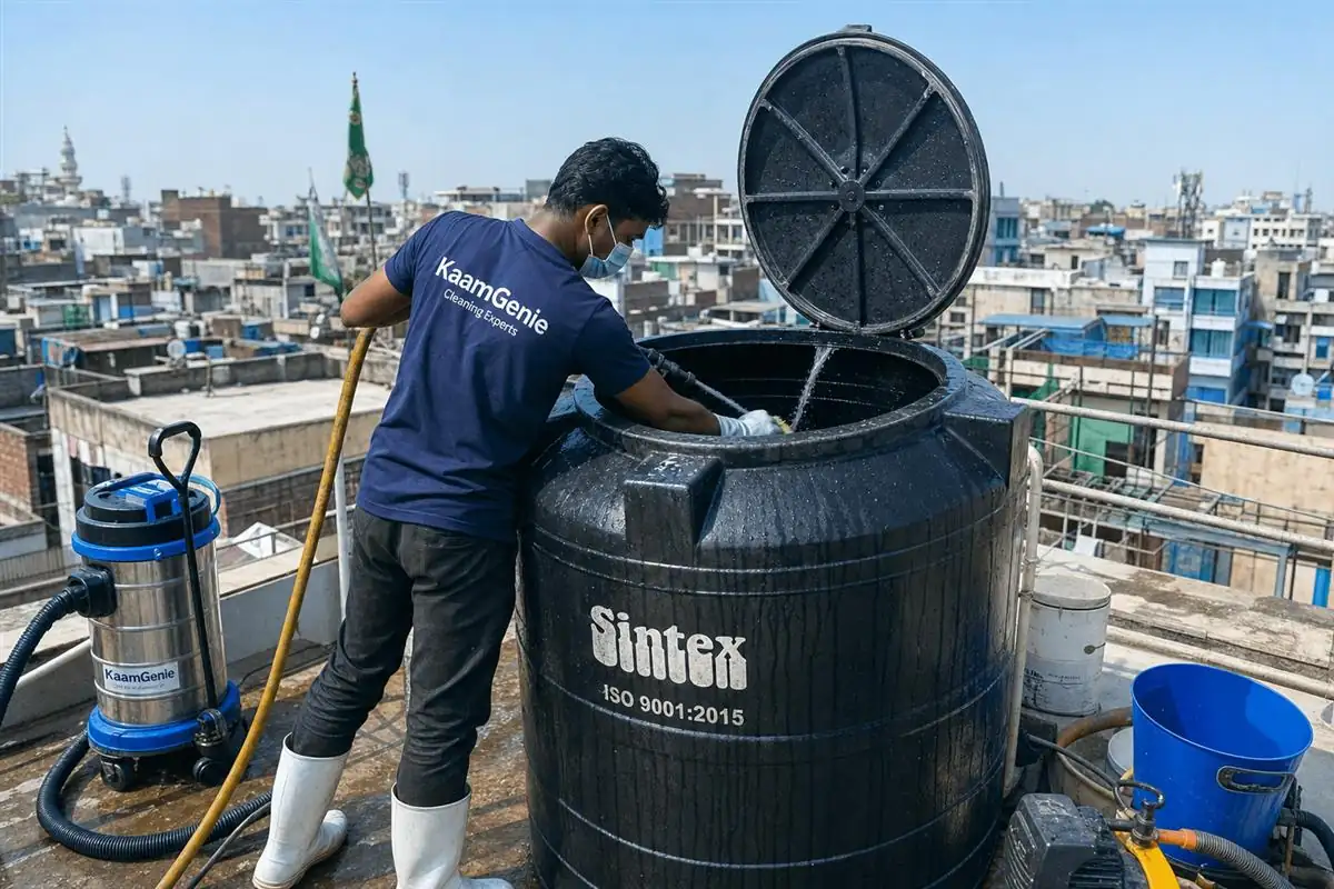KaamGenie crew cleaning a Sintex / plastic tank in Jamia Nagar, Delhi