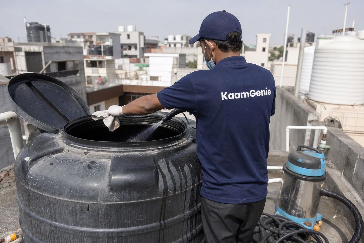 KaamGenie crew cleaning a Sintex / plastic tank in Janakpuri C Block, Delhi